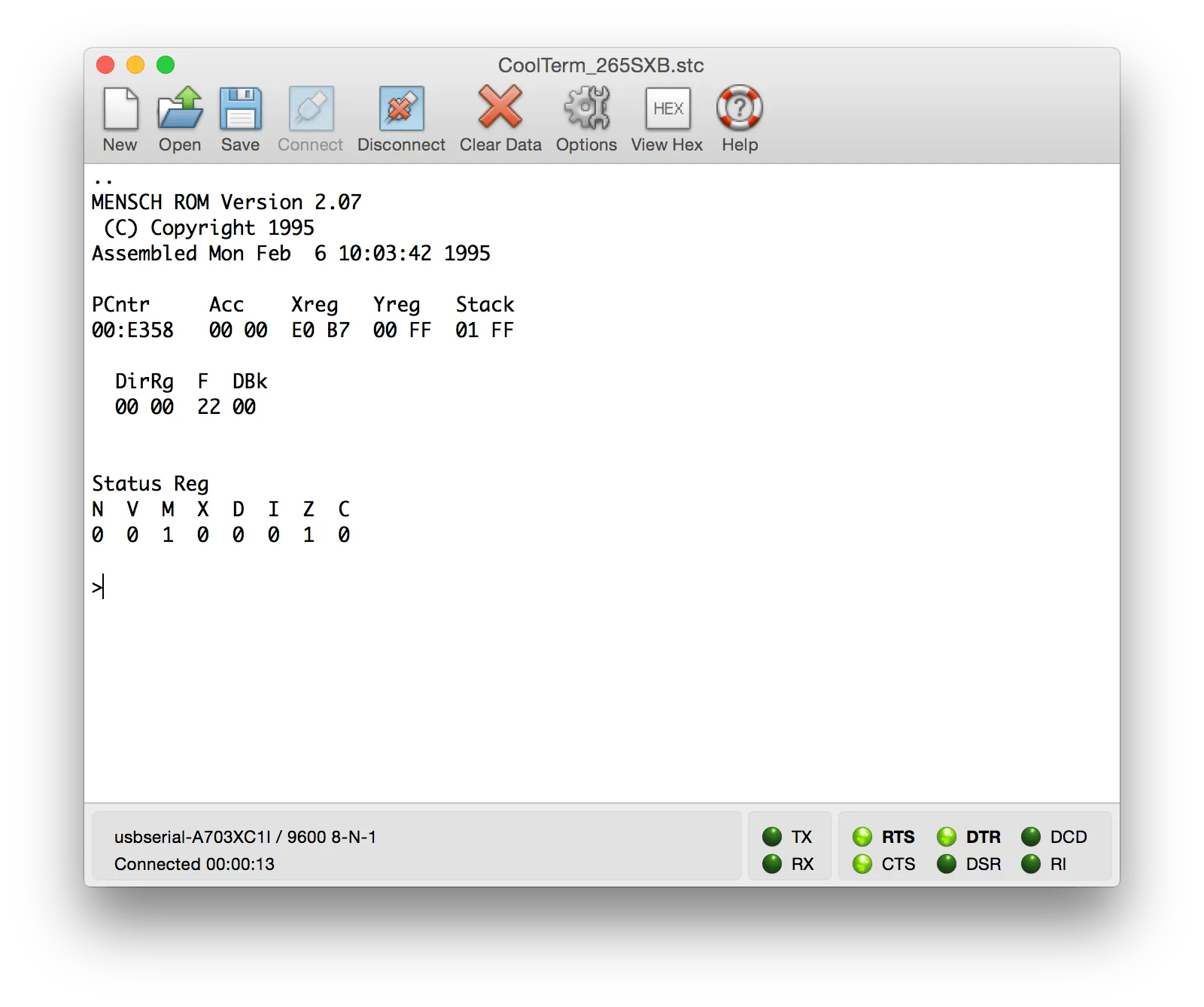 CoolTerm connected to the W65C265SXB