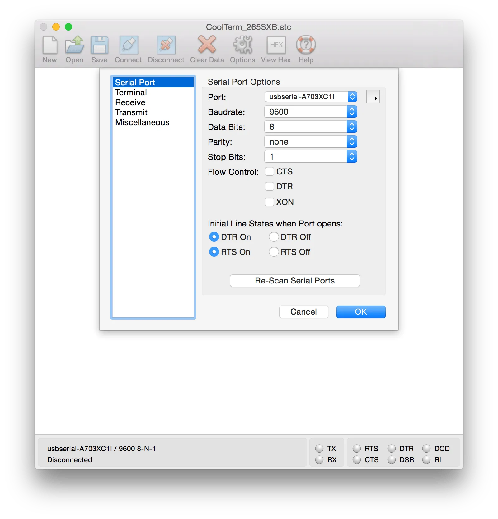 CoolTerm options for connecting to the W65C265SXB